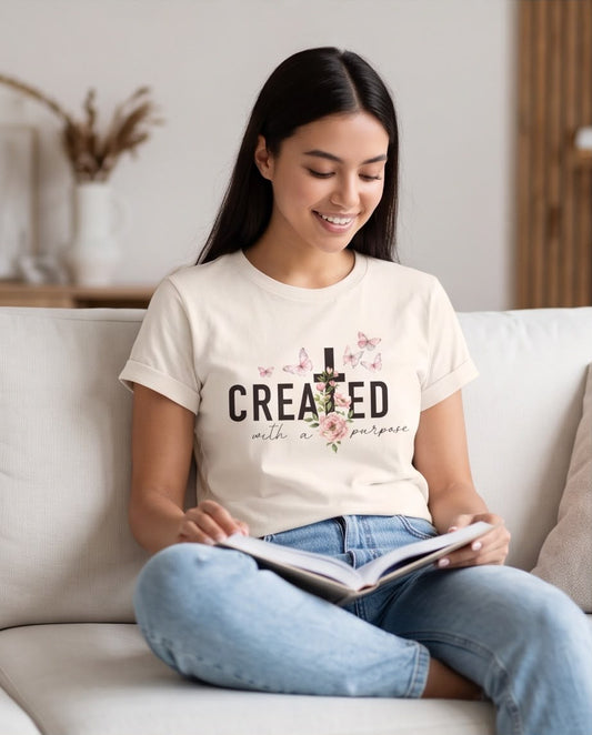 Camiseta Mujer Created With a Purpose Cruz y Flores Vainilla, vista frontal