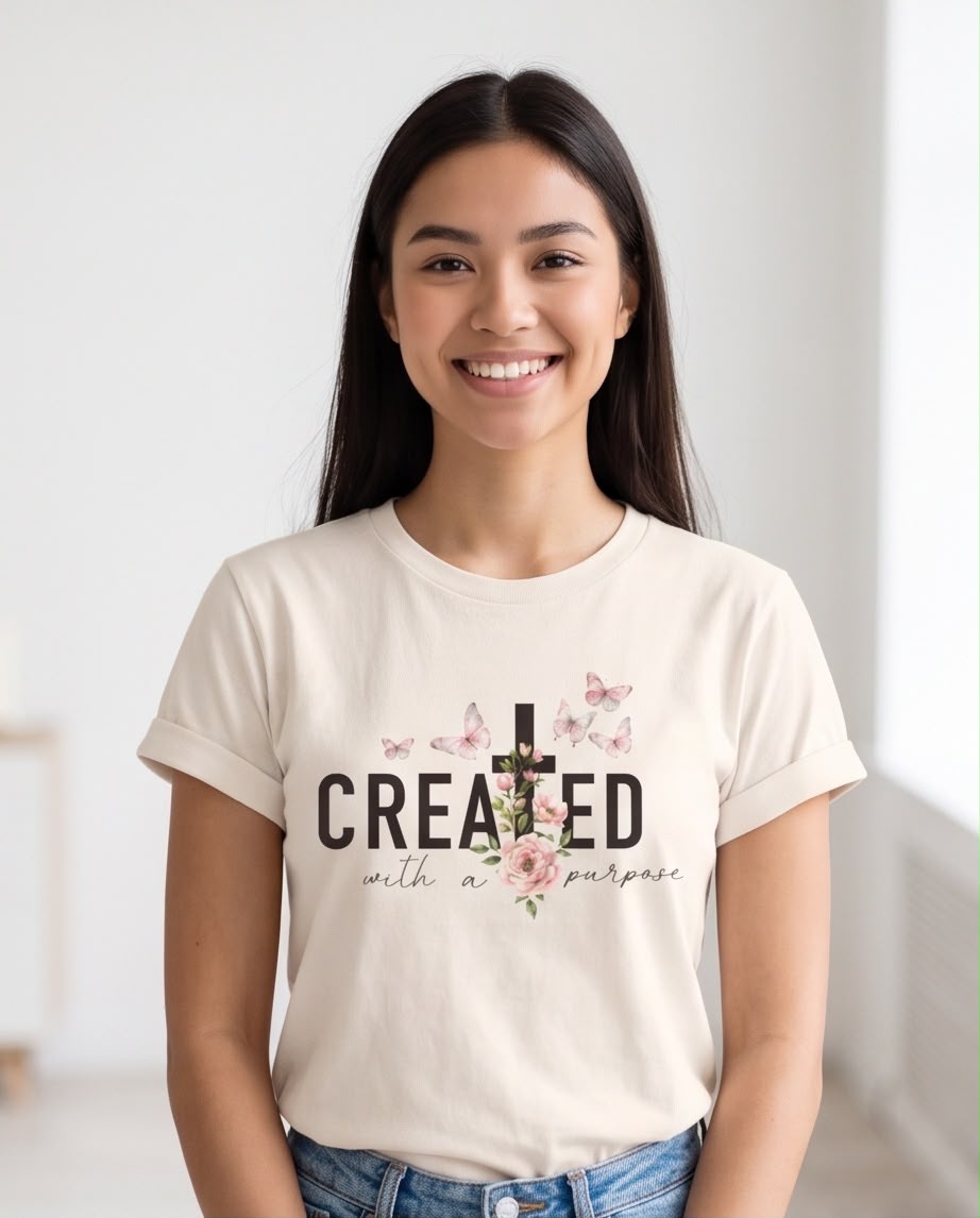 Camiseta Created With a Purpose Vainilla combinada con jeans