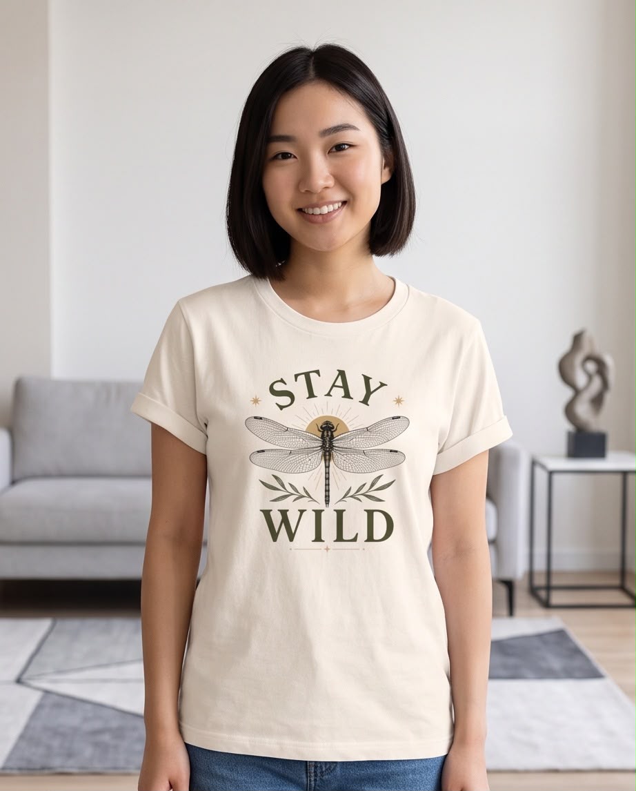 Camiseta Stay Wild Libélula Vainilla, modelo sentada