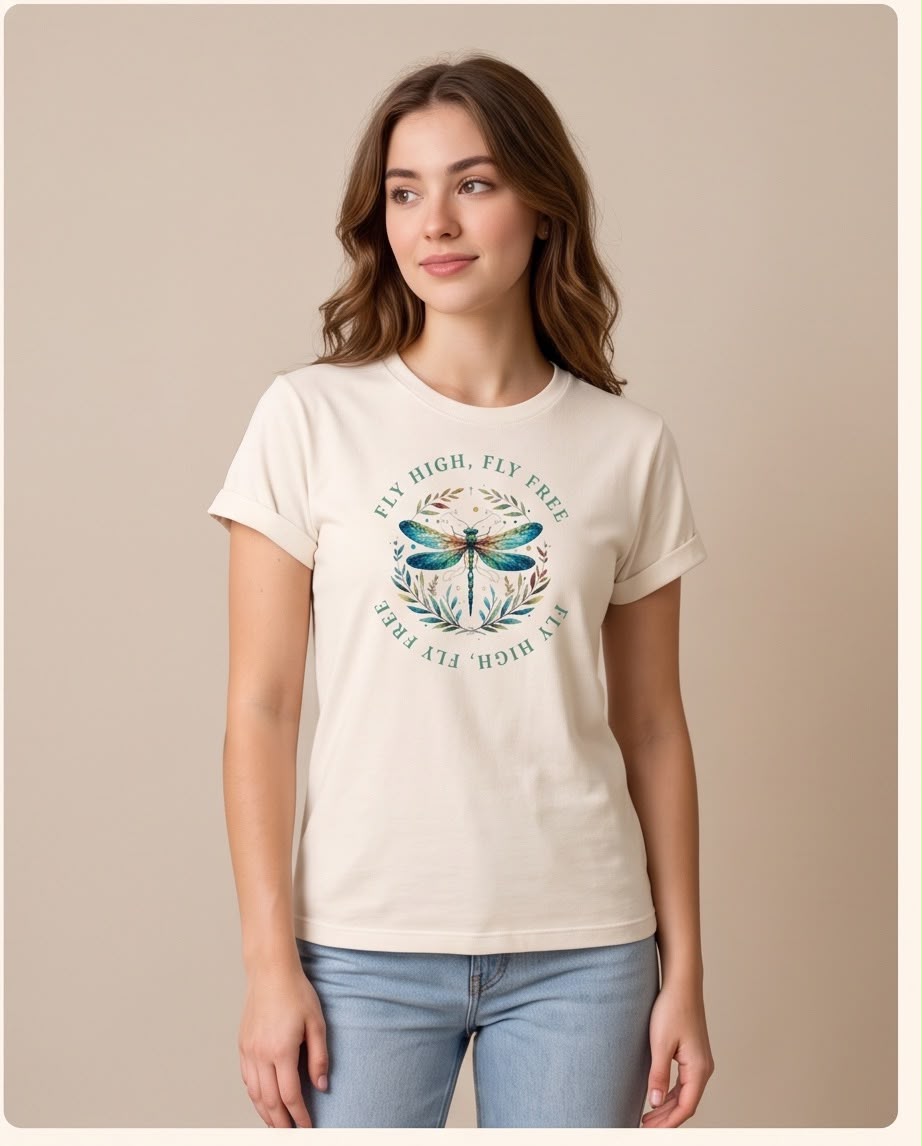 Camiseta Fly High Fly Free Vainilla, vista frontal con jeans