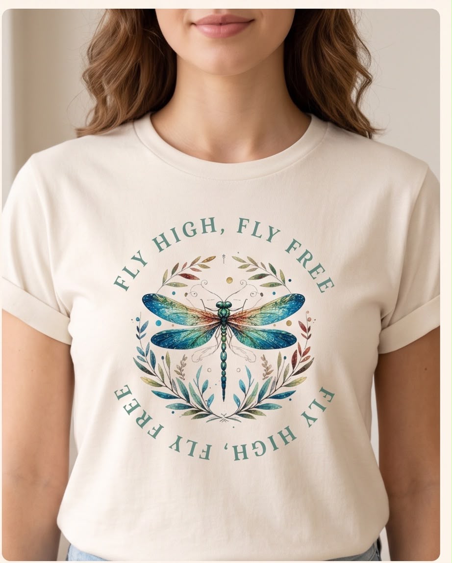 Camiseta de libélula Vainilla combinada con jeans claros, modelo sentada