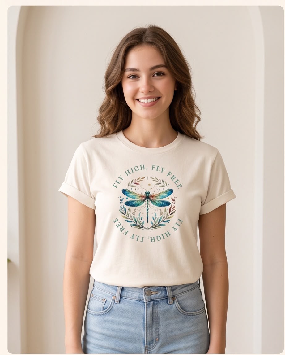 Camiseta Mujer Fly High Fly Free Libélula Vainilla, vista frontal