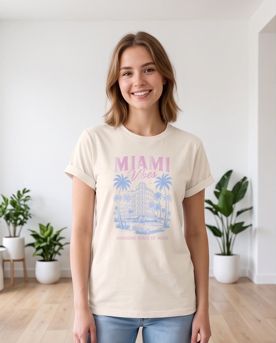 Camiseta Miami Vibes Vainilla, modelo sentada con jeans claros