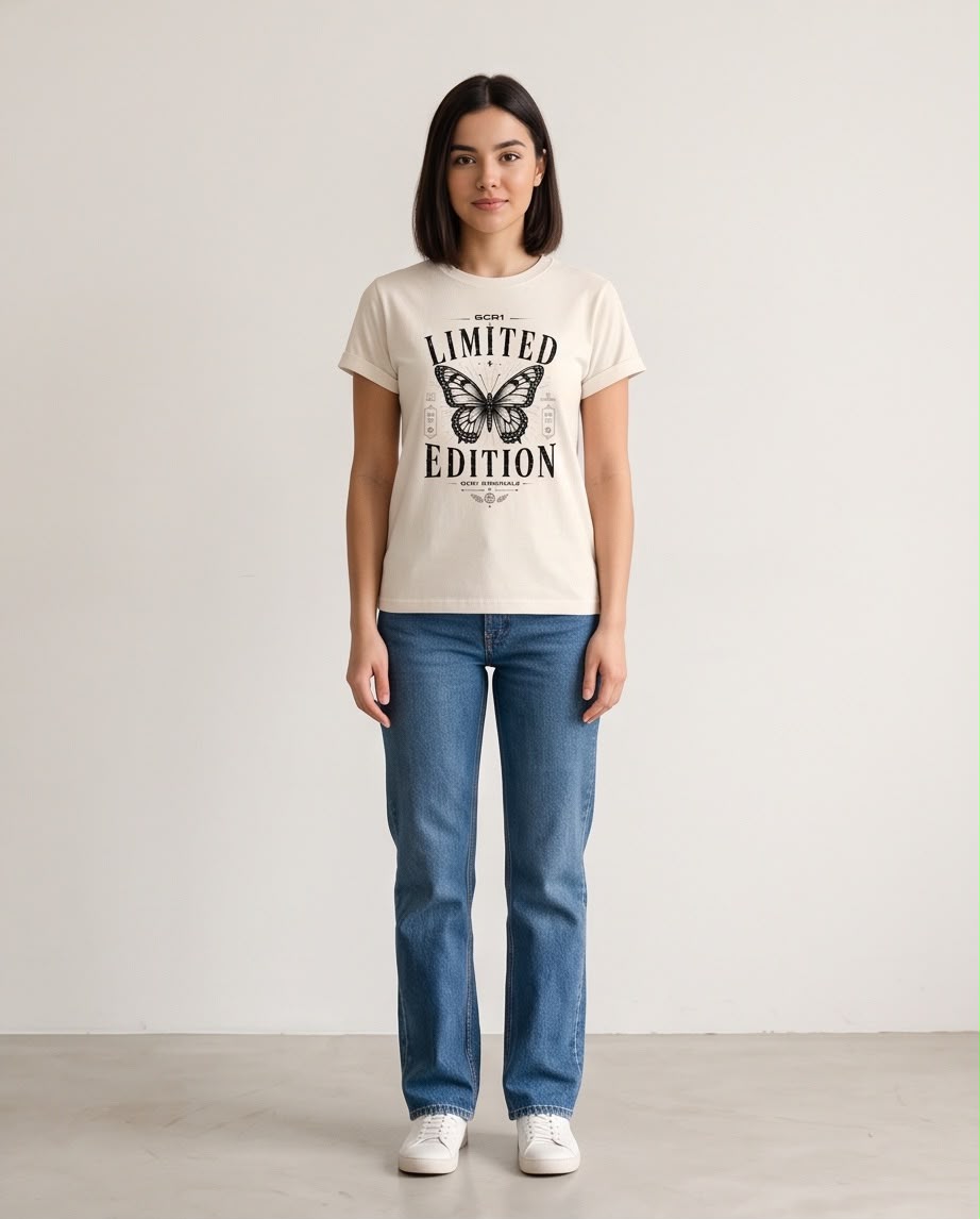 Camiseta crema con mariposa combinada con jeans azules