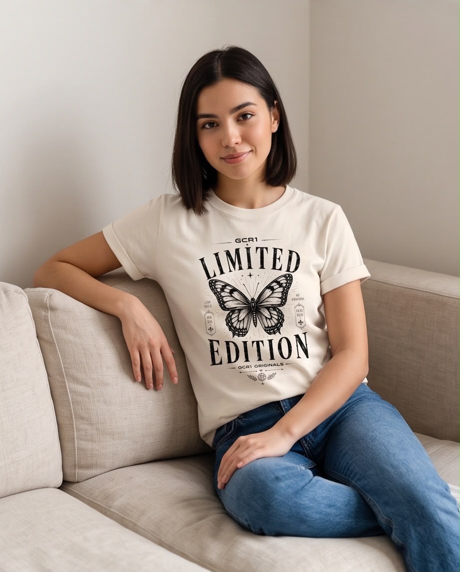 Camiseta Limited Edition Mariposa Crema, modelo sentada