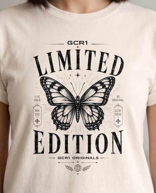 Detalle de mariposa negra y texto Limited Edition