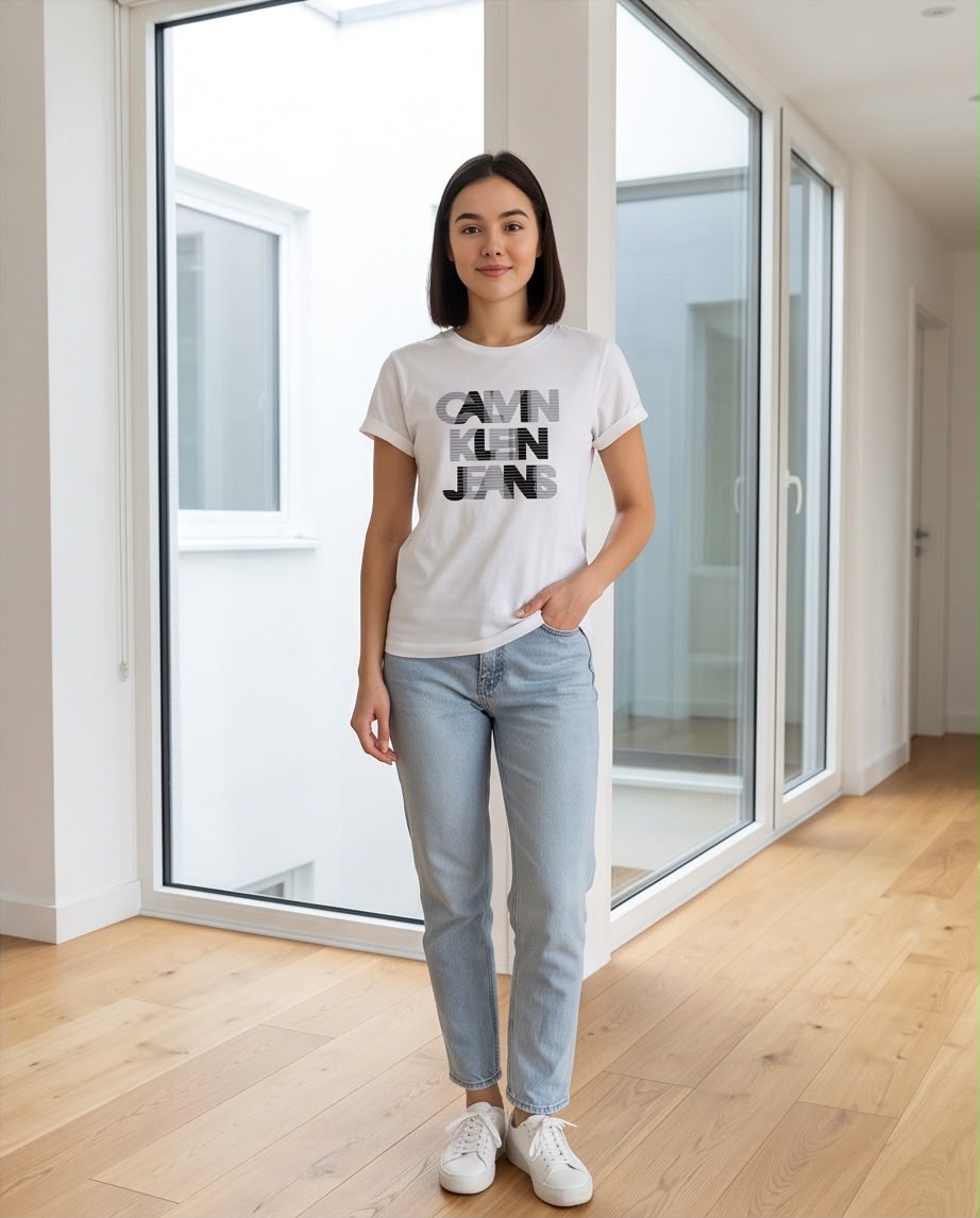 Camiseta blanca de letras rayadas combinada con jeans claros