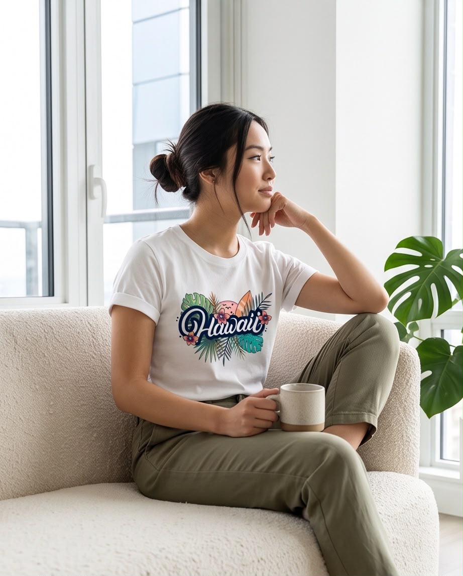 Camiseta Hawaii blanca combinada con pantalón verde