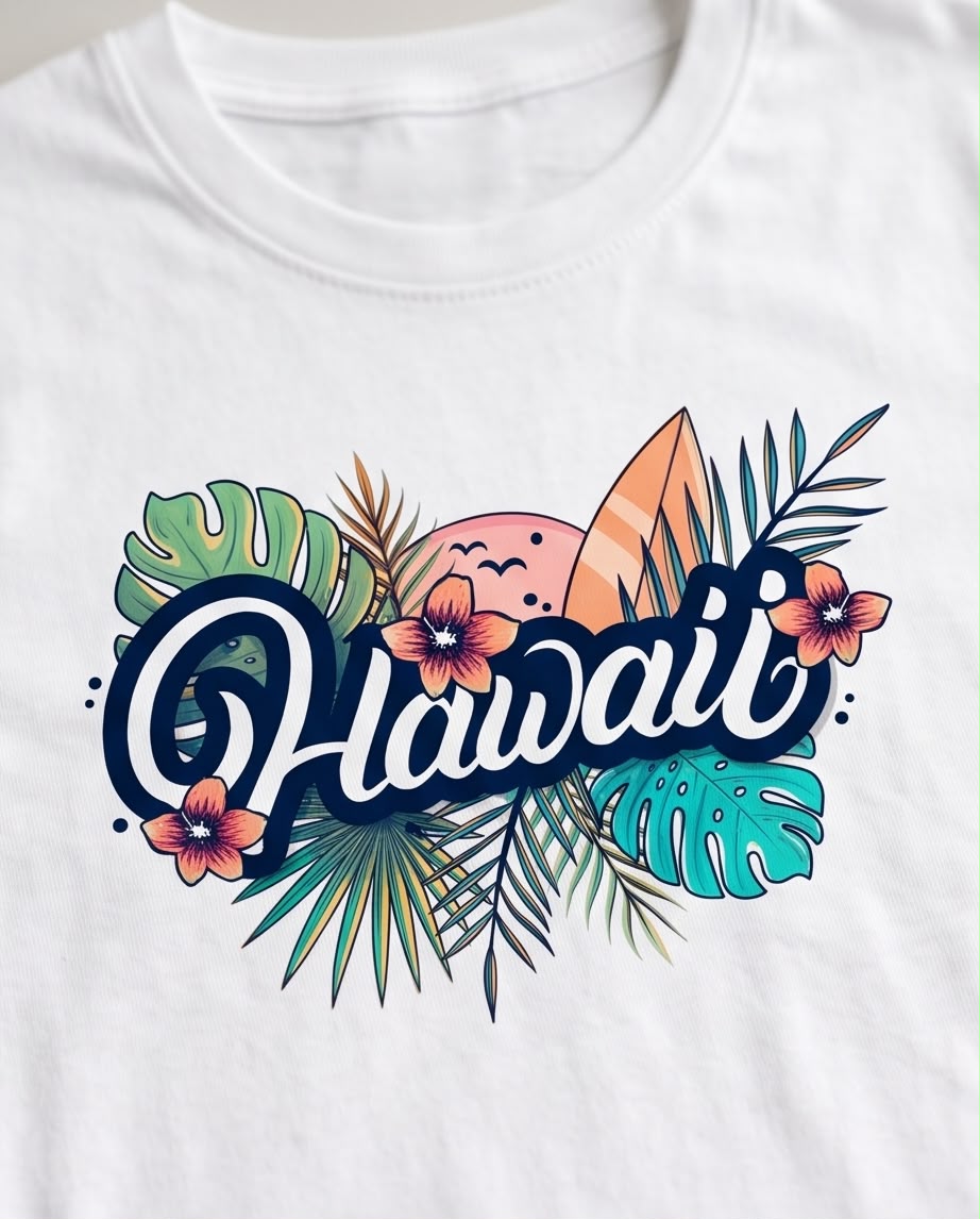 Camiseta mujer Hawaii Flores y Tabla de Surf blanca, vista frontal