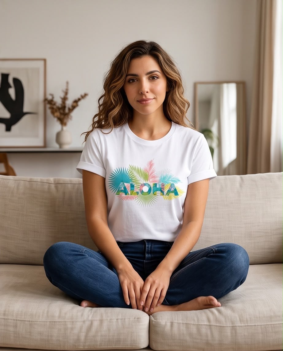 Camiseta Aloha blanca combinada con jeans claros