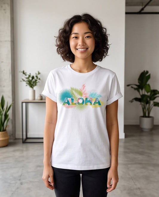 Detalle de letras Aloha y hojas tropicales multicolor