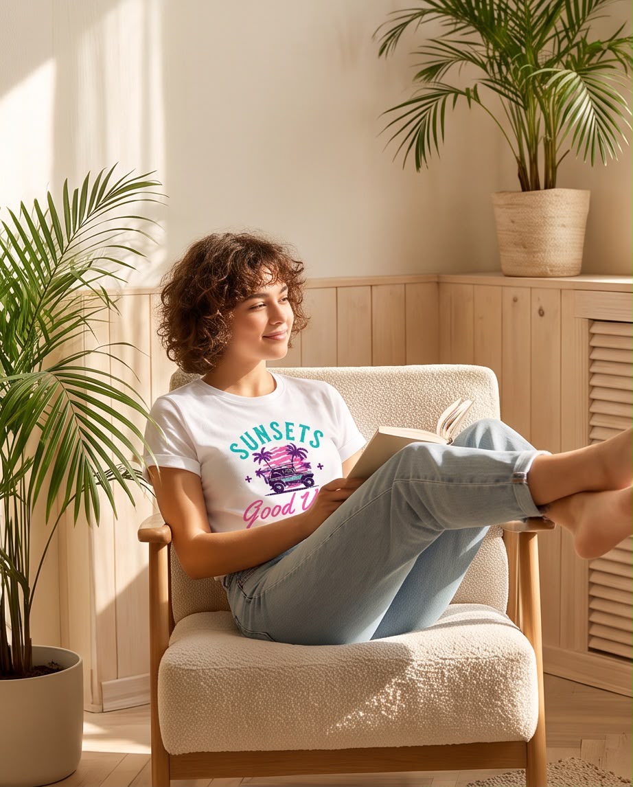 Camiseta Sunsets Good Vibes blanca, vista sentada