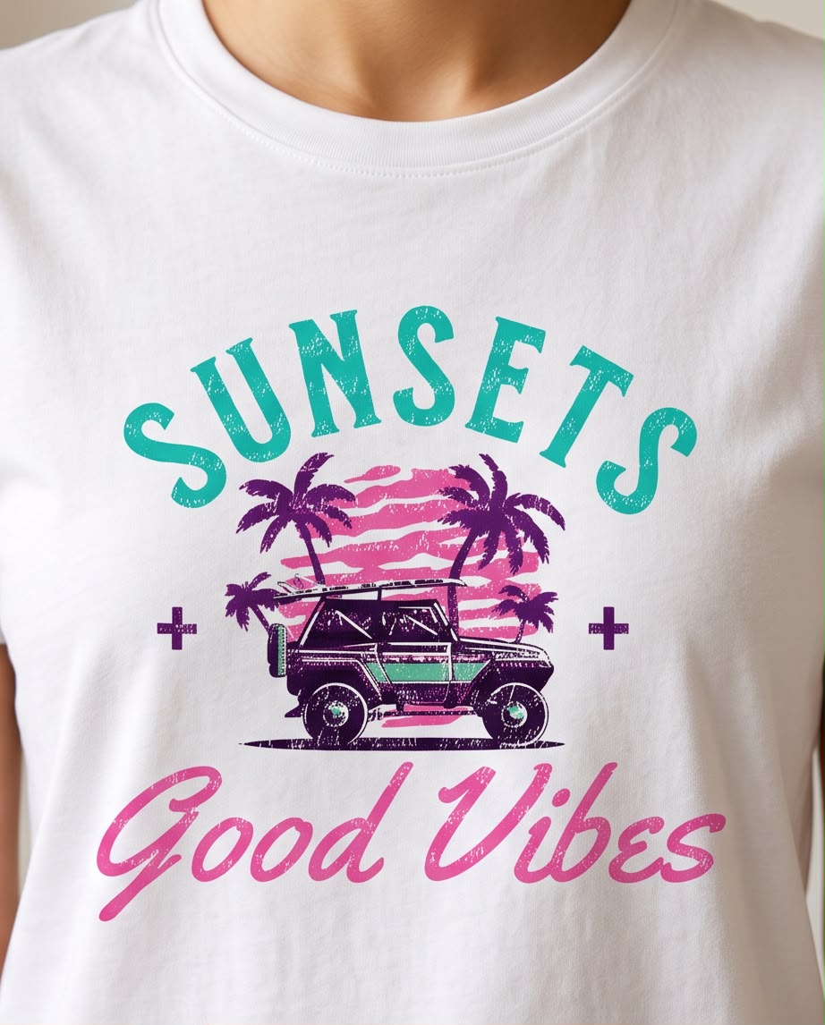 Camiseta blanca Sunsets Good Vibes, plano medio
