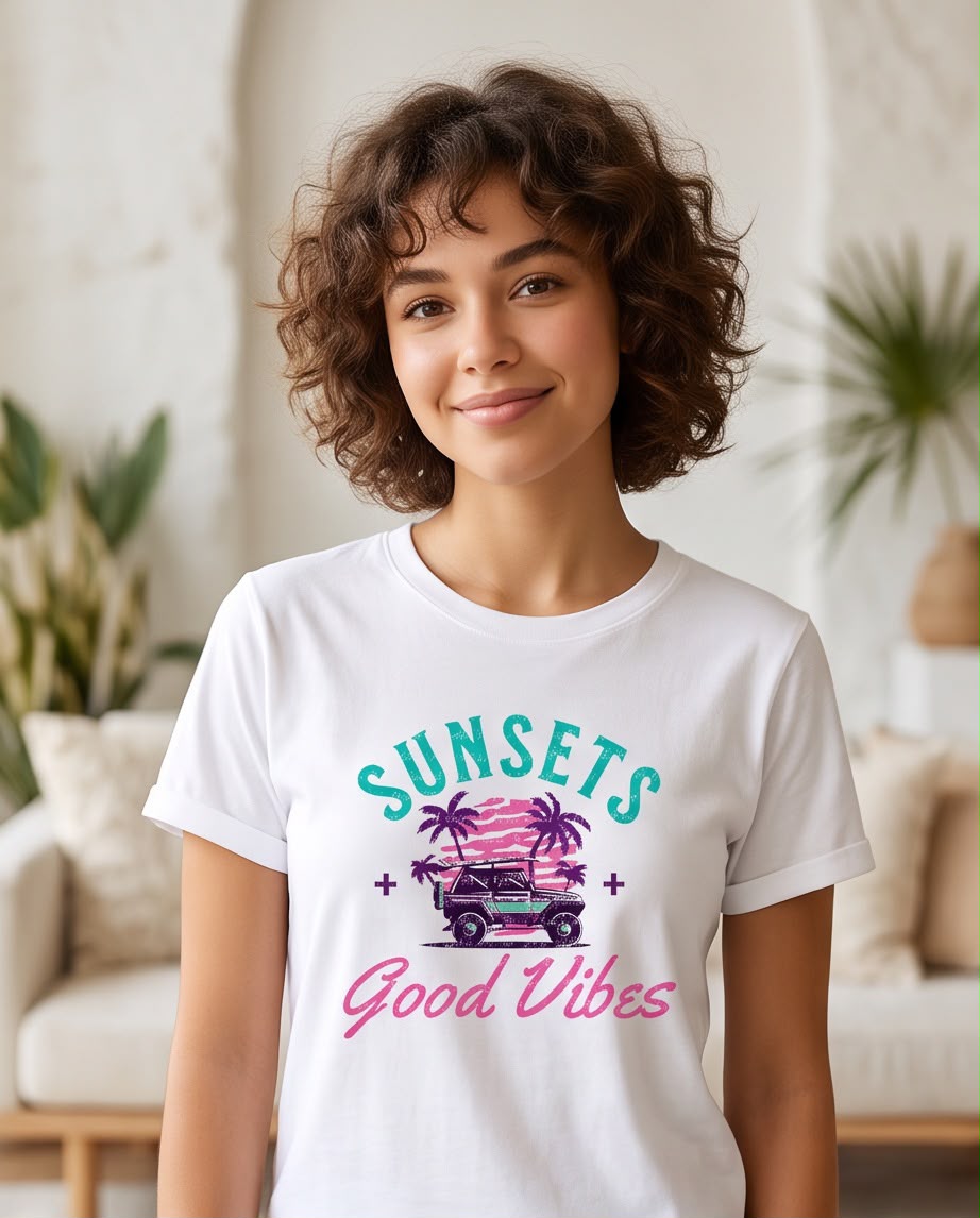 Camiseta mujer Sunsets Good Vibes blanca, vista frontal