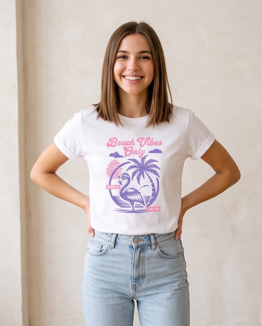 Camiseta Beach Vibes Only blanca, vista sentada