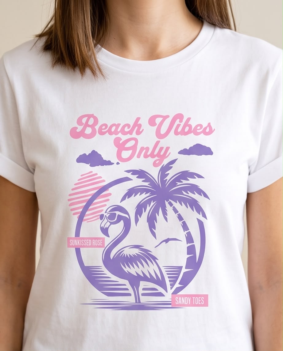Camiseta mujer Beach Vibes Only Flamenco y Palmera blanca, vista frontal