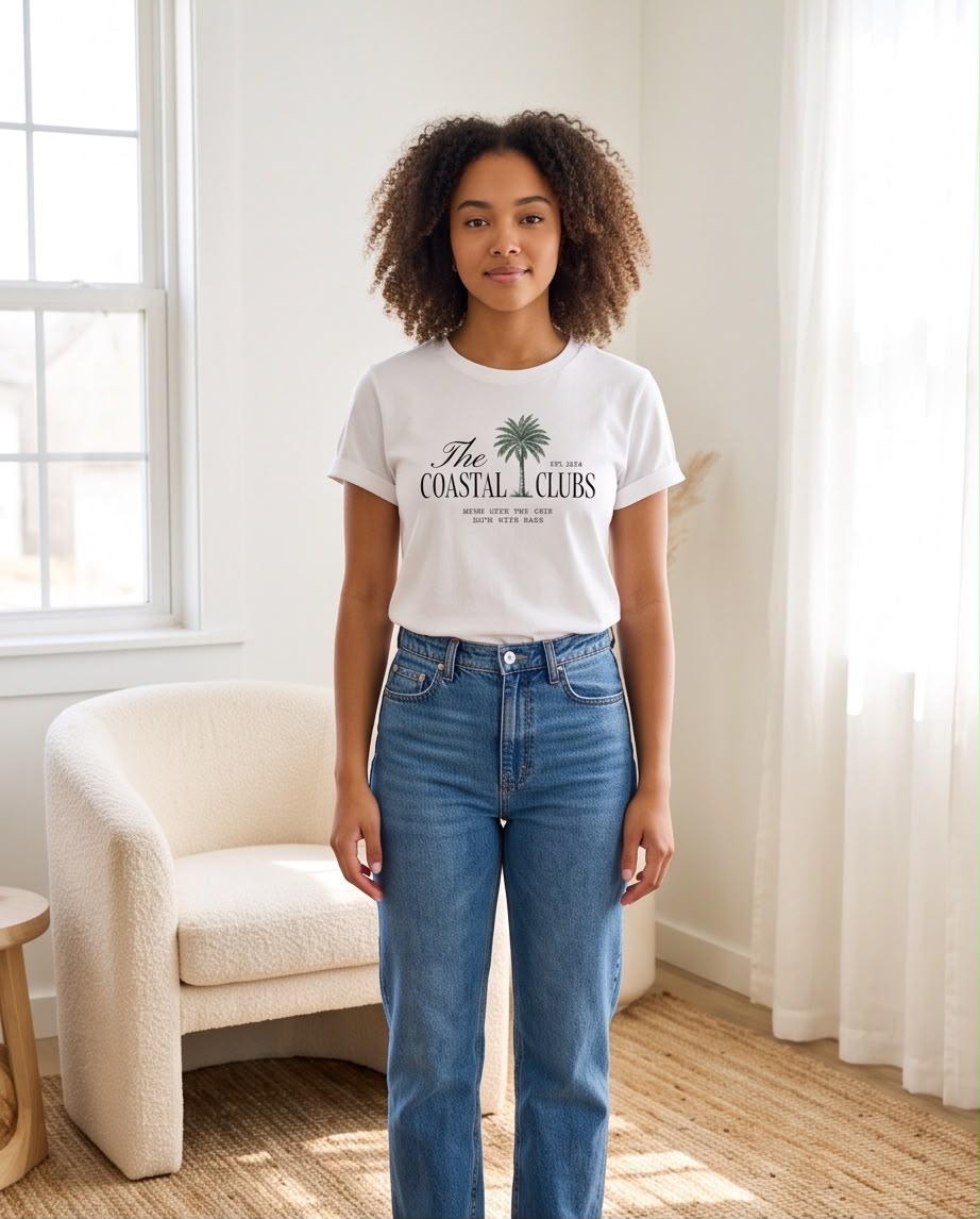 Camiseta blanca The Coastal Clubs combinada con jeans