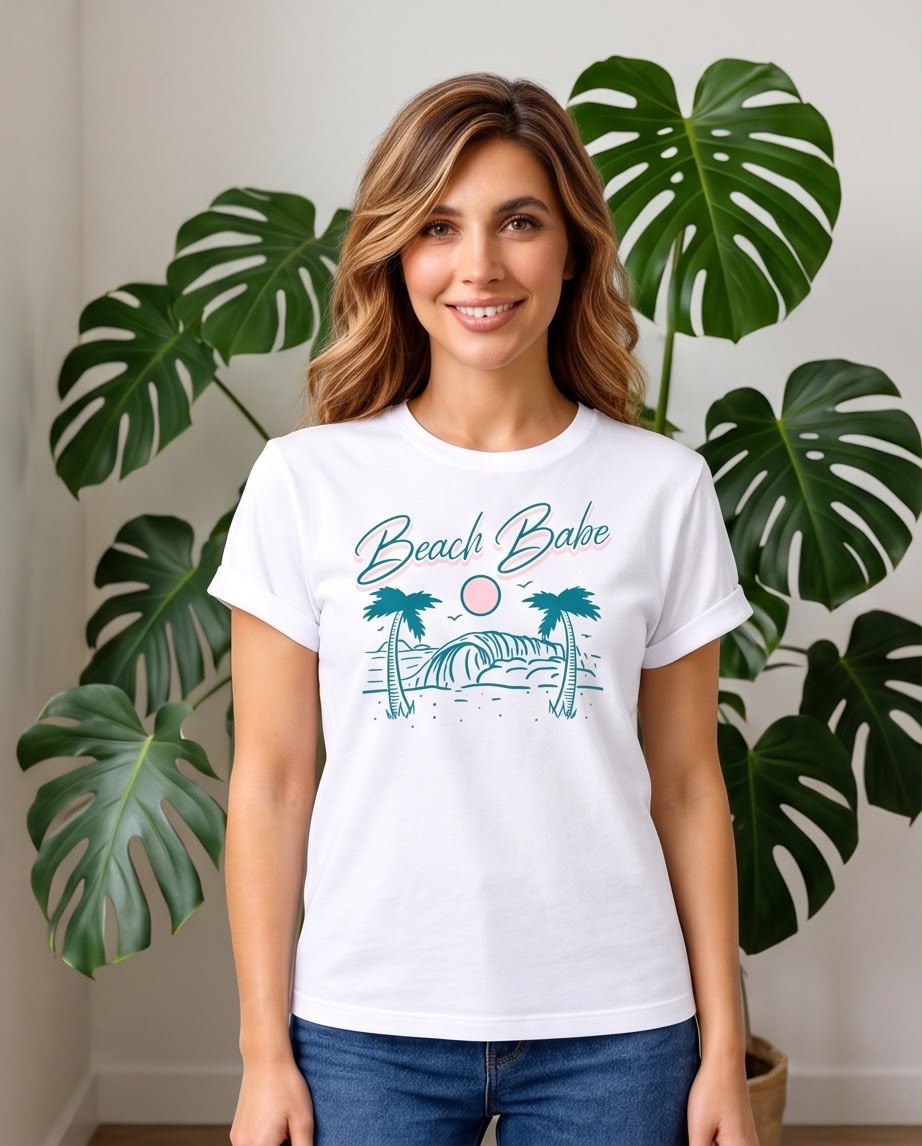 Camiseta Beach Babe blanca, vista sentada