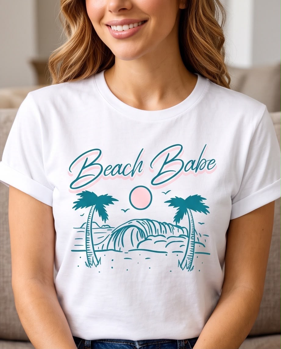 Camiseta mujer Beach Babe Palmeras y Ola blanca, vista frontal