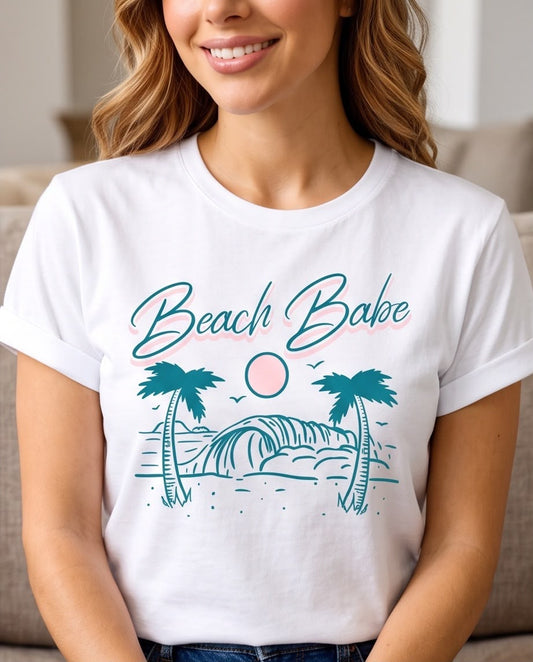 Camiseta mujer Beach Babe Palmeras y Ola blanca, vista frontal