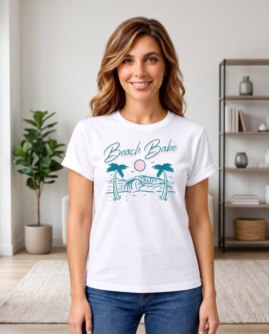 Camiseta blanca Beach Babe combinada con jeans