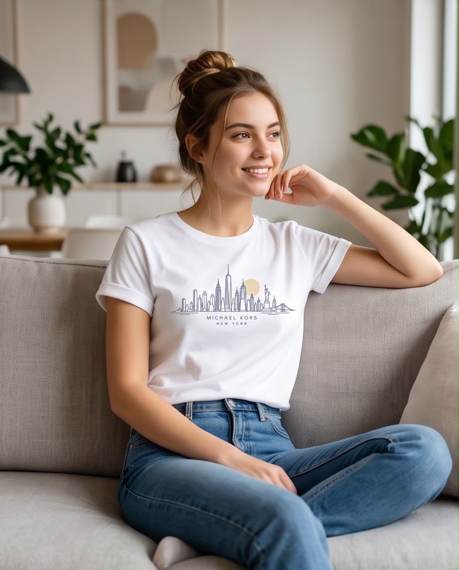 Camiseta mujer Michael Kors Skyline Nueva York blanca, vista frontal