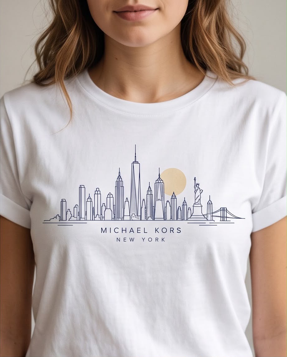 Camiseta blanca con skyline de Nueva York combinada con jeans