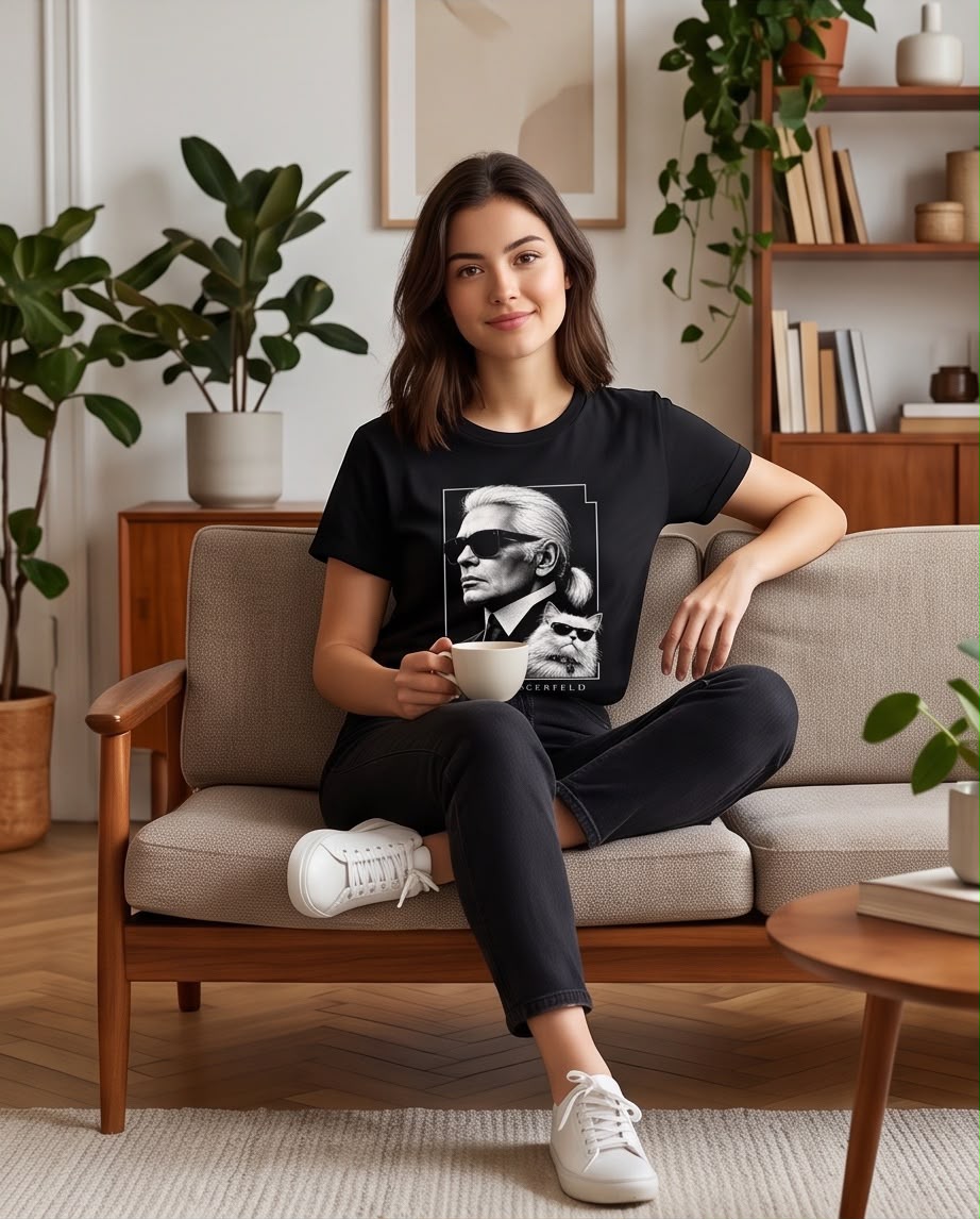 Camiseta mujer negra Karl Lagerfeld retrato y gato con gafas, vista frontal