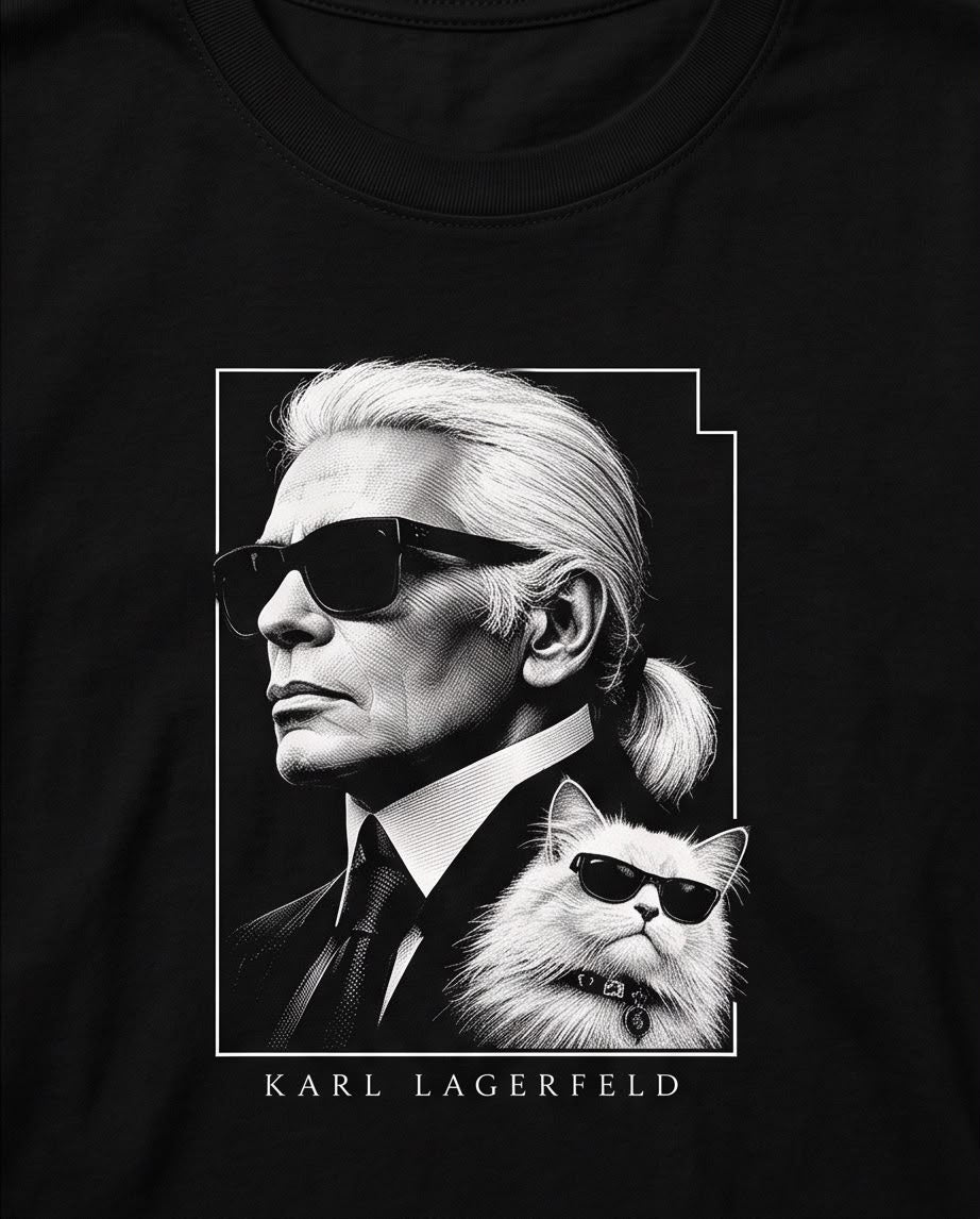 Detalle del estampado monocromático de retrato y gato con gafas