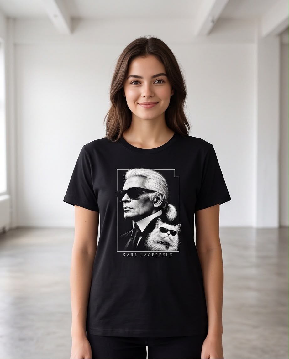 Camiseta negra con retrato y gato, vista lateral