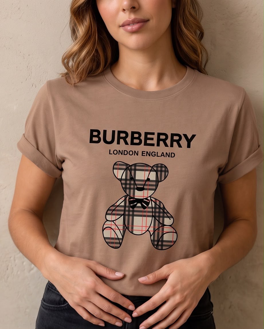 Camiseta mujer Burberry oso de cuadros taupe, vista frontal