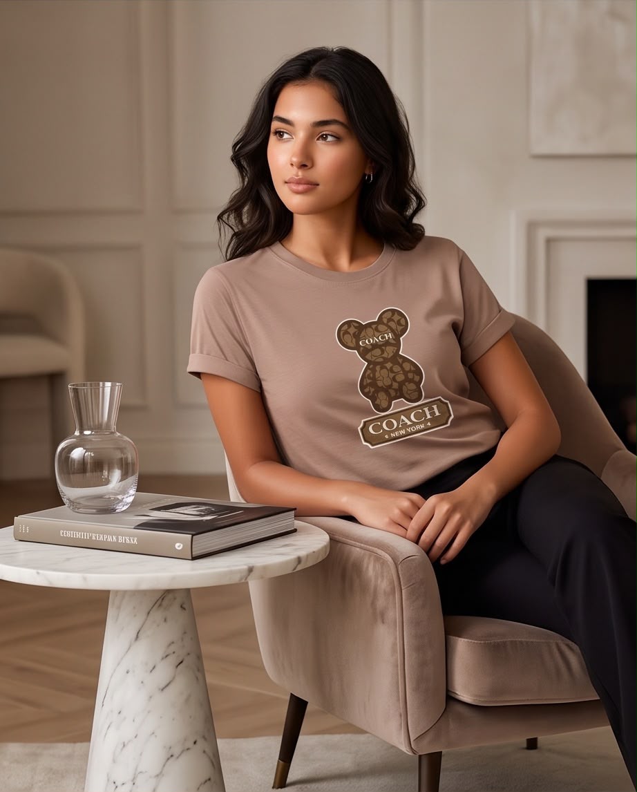 Camiseta mujer Coach oso monograma color taupe, vista frontal