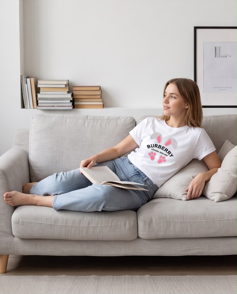 Camiseta blanca Burberry orejas y huellas rosadas combinada con jeans