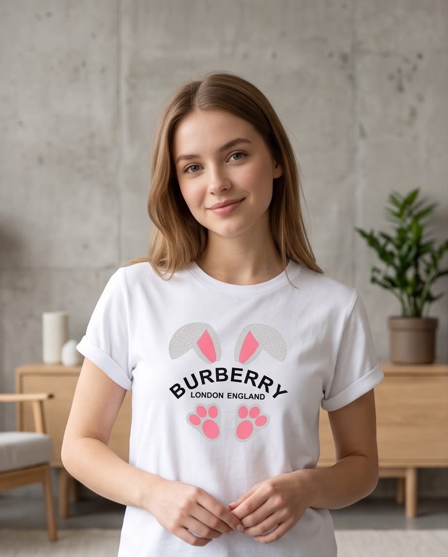 Camiseta mujer blanca con letras Burberry, orejas y huellas rosadas, vista frontal