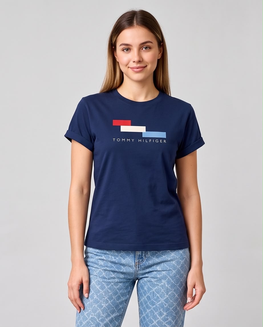Camiseta mujer Tommy Hilfiger bloques tricolor azul Navy, vista frontal
