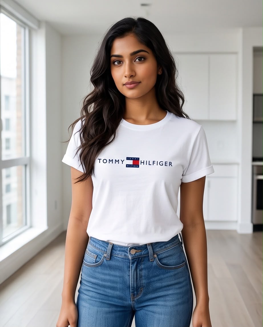 Camiseta mujer Tommy Hilfiger blanca, look casual sentada