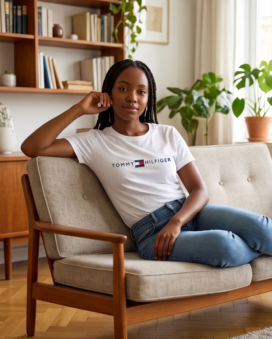 Camiseta mujer Tommy Hilfiger blanca con bandera central, vista frontal