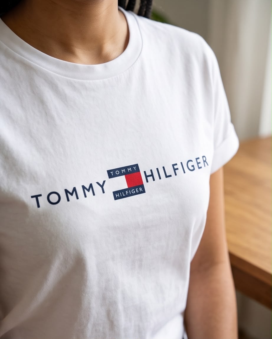 Detalle del estampado Tommy Hilfiger y bandera central en camiseta blanca