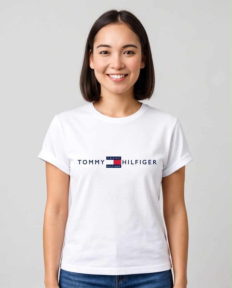 Camiseta Tommy Hilfiger blanca combinada con jeans, vista de pie