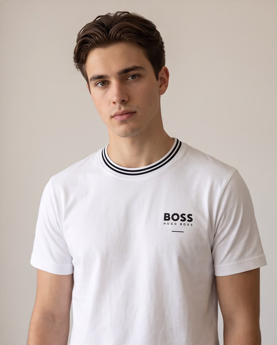 Camiseta blanca BOSS regular fit, vista de frente completa