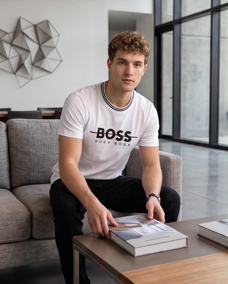 Camiseta blanca BOSS con línea roja, vista frontal