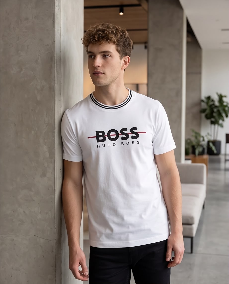 Detalle del diseño BOSS negro con línea roja y cuello de rayas