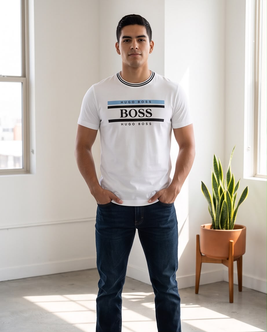 Camiseta blanca BOSS franjas azul claro y negras, vista sentado