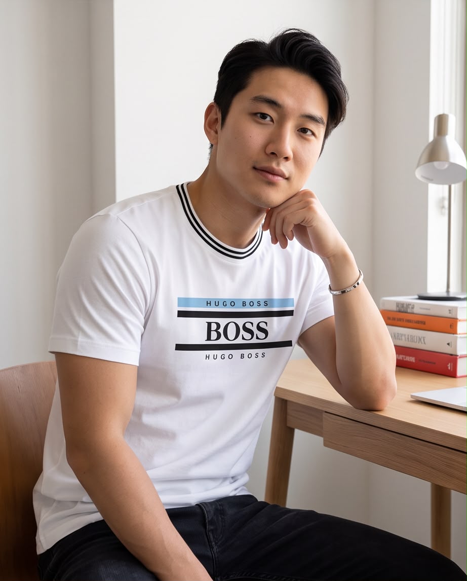 Camiseta blanca BOSS franjas azul claro y negras combinada con jeans