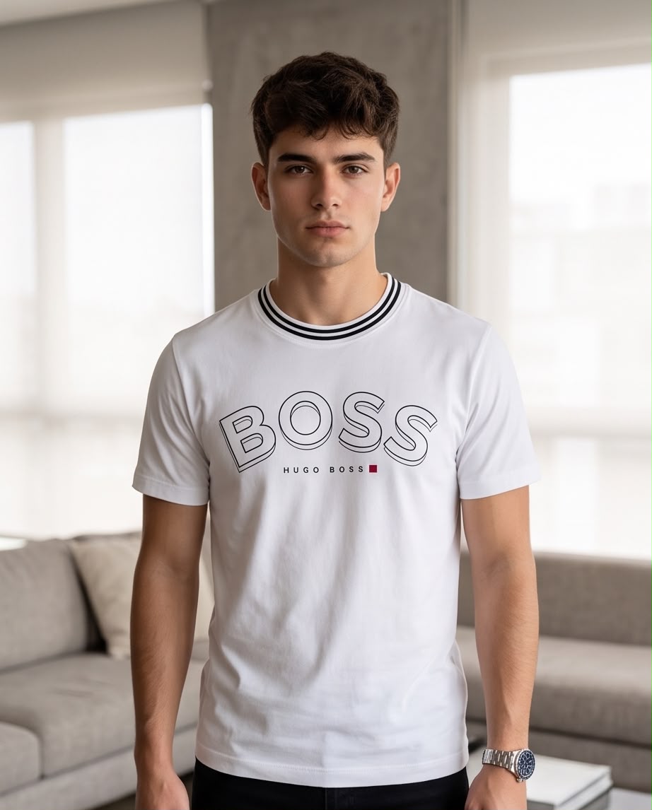 Camiseta blanca BOSS letras delineadas, vista frontal