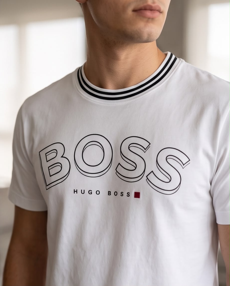 Detalle de letras BOSS delineadas y cuello de rayas negras