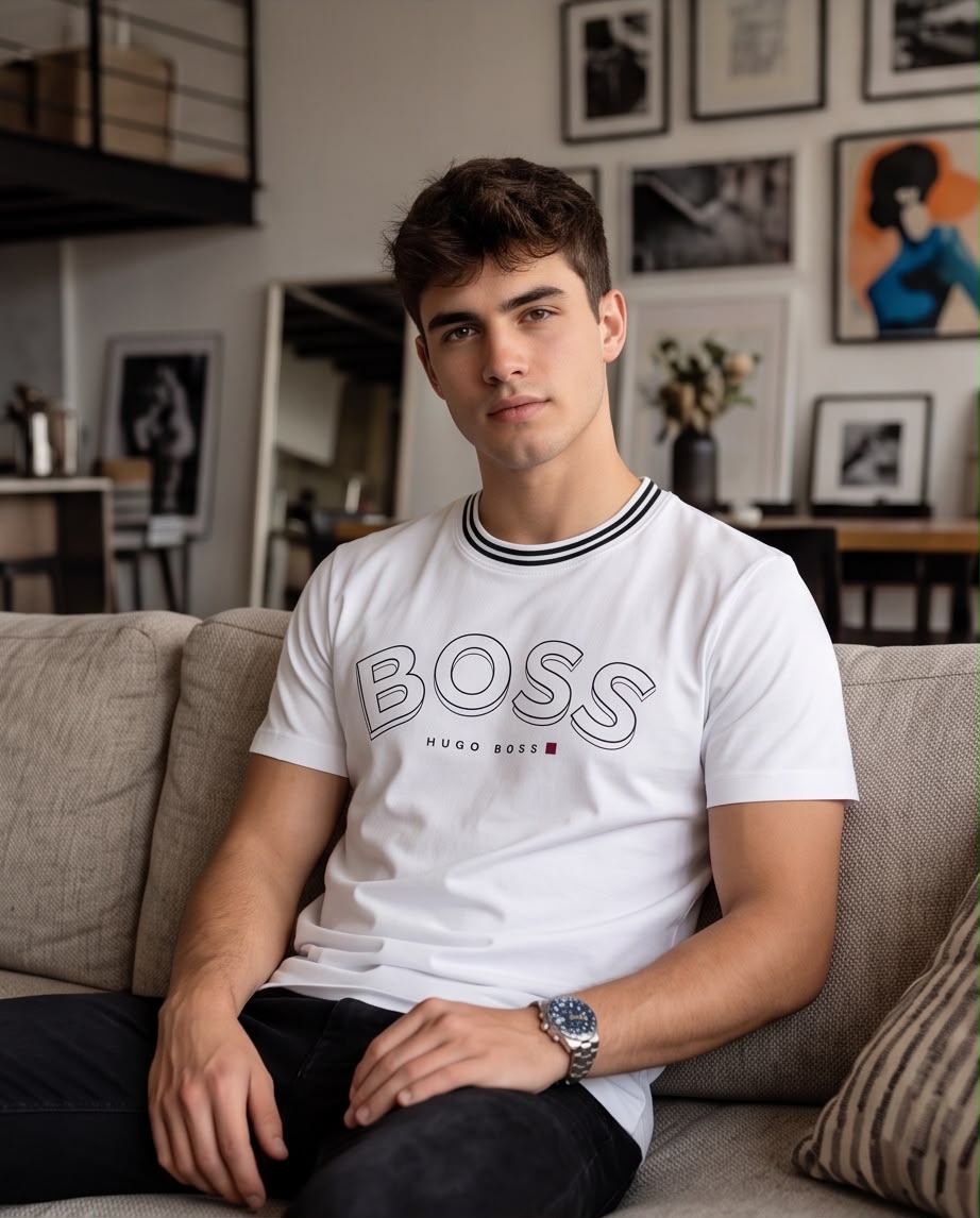 Camiseta blanca BOSS letras delineadas, vista de pie en ángulo