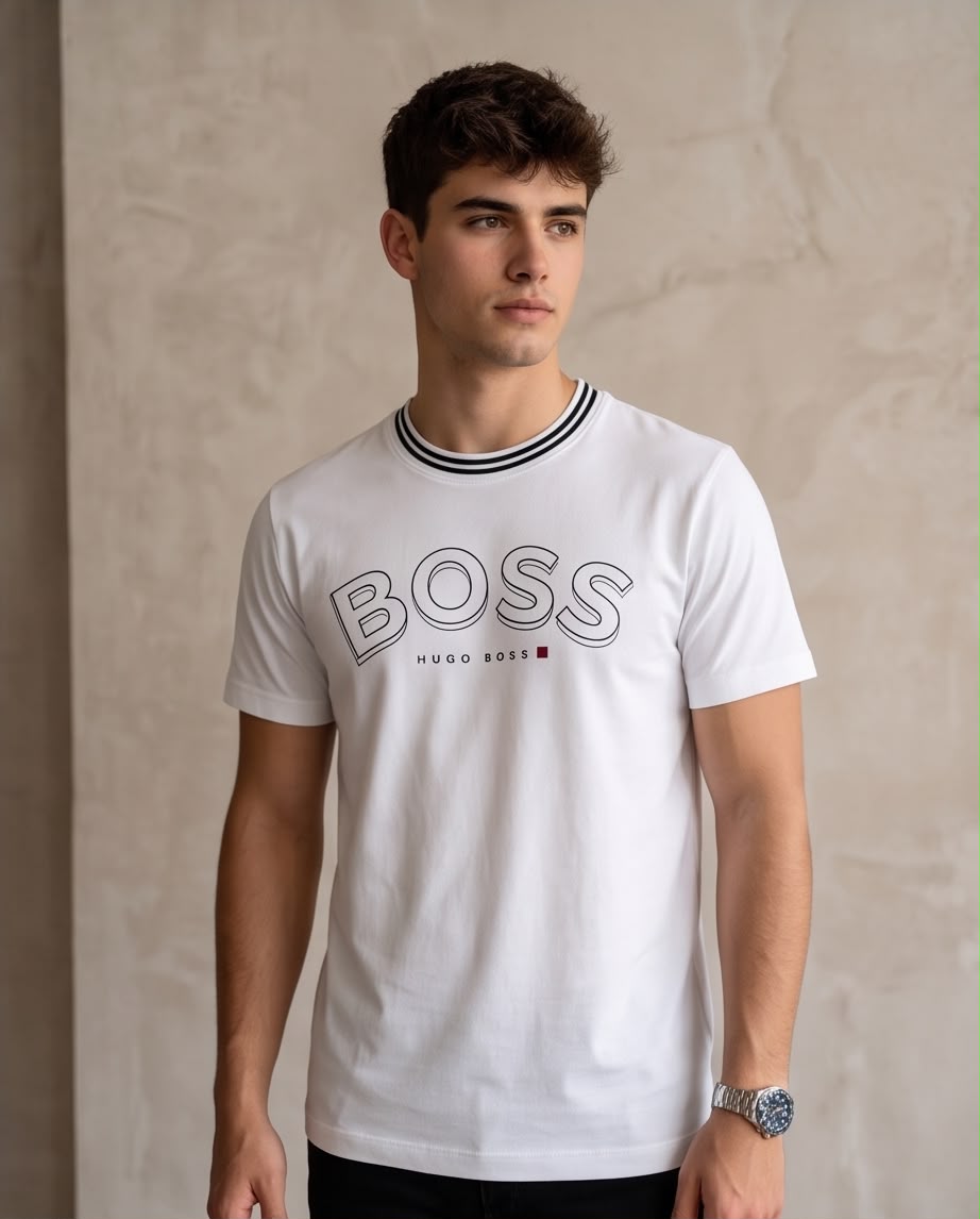 Camiseta blanca BOSS letras delineadas en look casual sentado