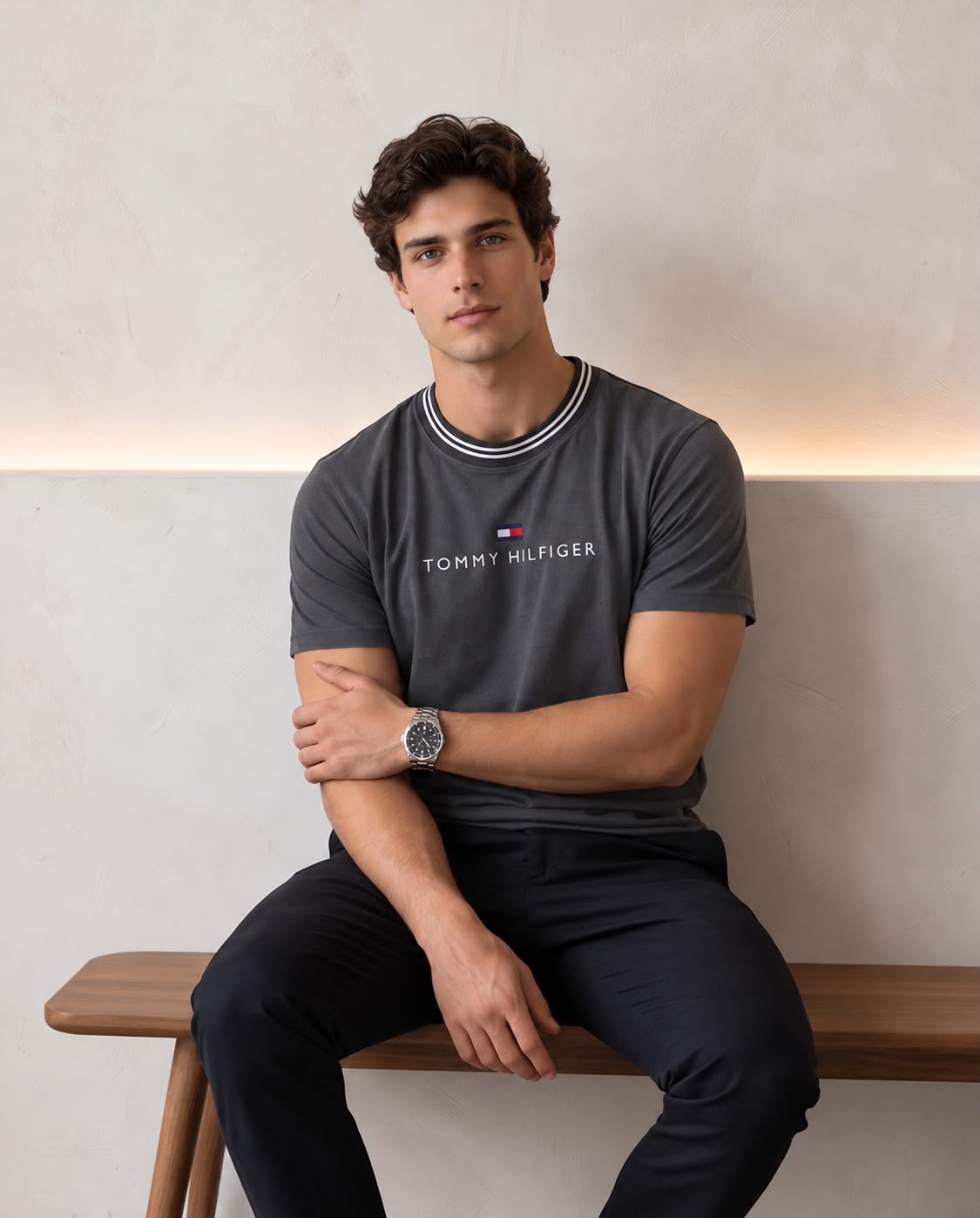 Camiseta Tommy Hilfiger gris oscuro regular fit con cuello de rayas blancas