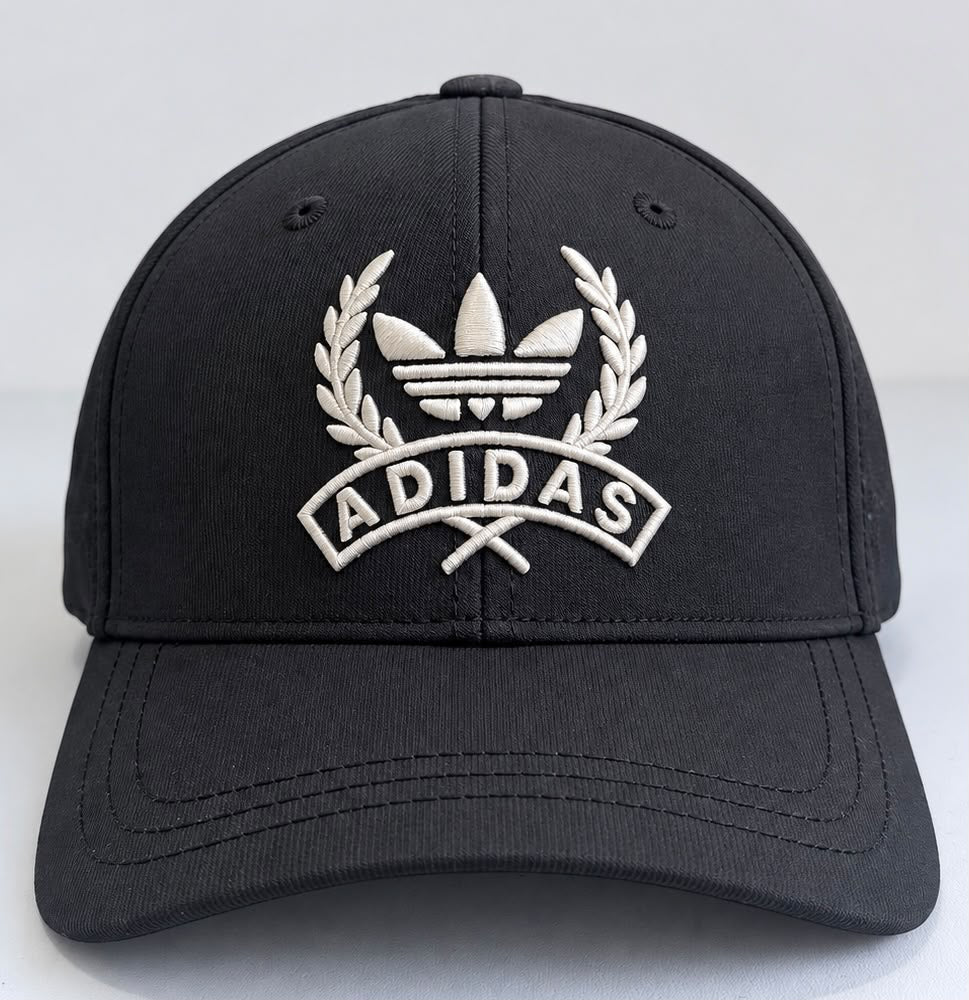Vista trasera de gorra negra con logo blanco y correa ajustable